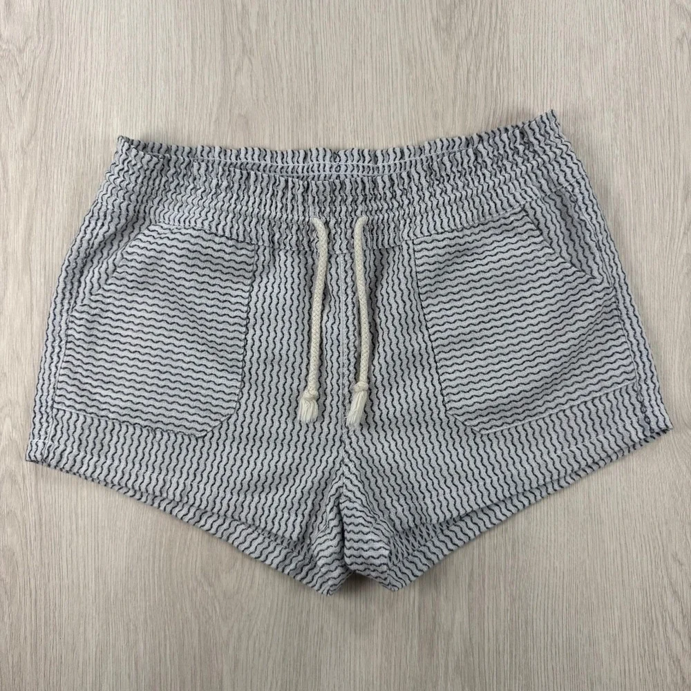 Shorts Cali 1850 Women Medium White Navy Stripe Cotton Beach Drawstring Coastal